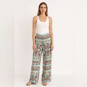 NWT Beatriz Camacho blue campada satin pull on wide leg pants size 6 resortwear